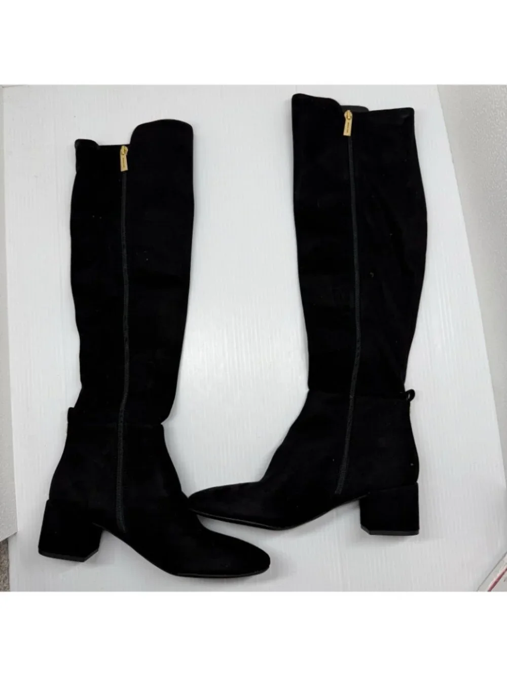 Michael Kors Over The Knee Boots Size 9 Black Suede Stretch OTK Gold Zipper Chic